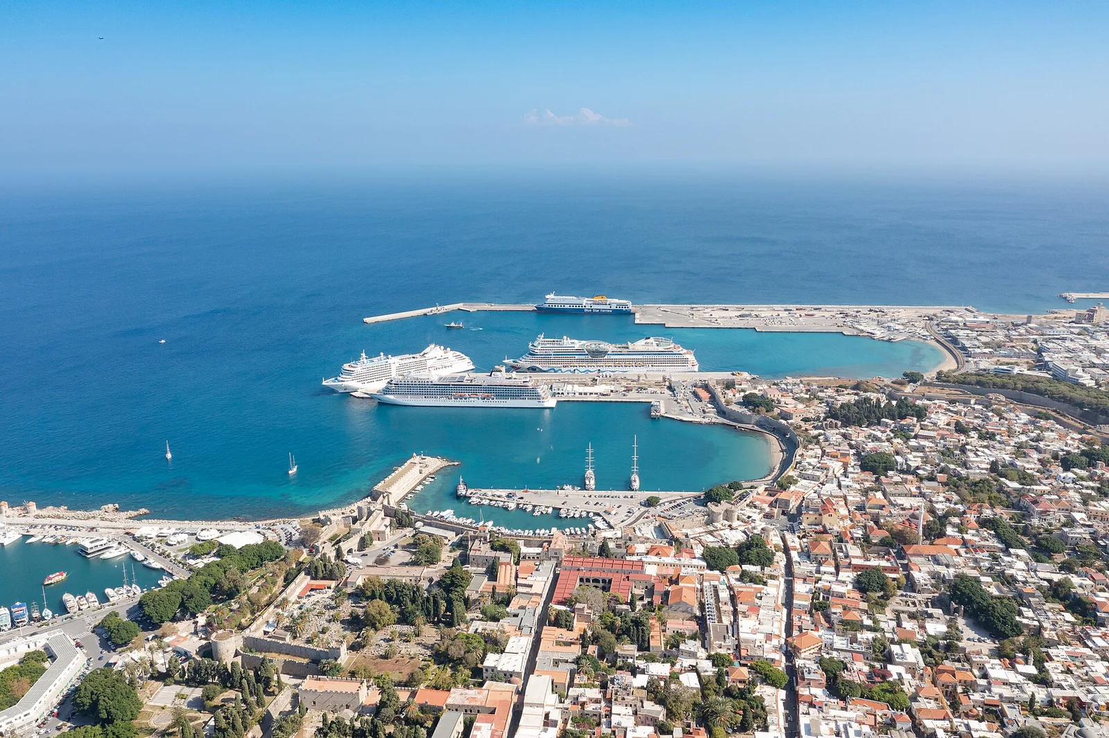 Rhodes town and its tourist harbour seen from above.